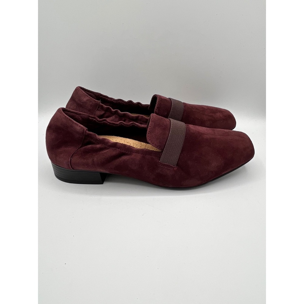 Clarks Pure Tone Burgundy Suede Square Toe Loafers Women Sz 9W Wide 261677925065 - Picture 2 of 9